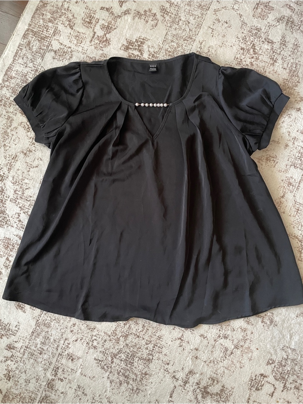 Black Women's Short Sleeve Pearl-Trim Blouse